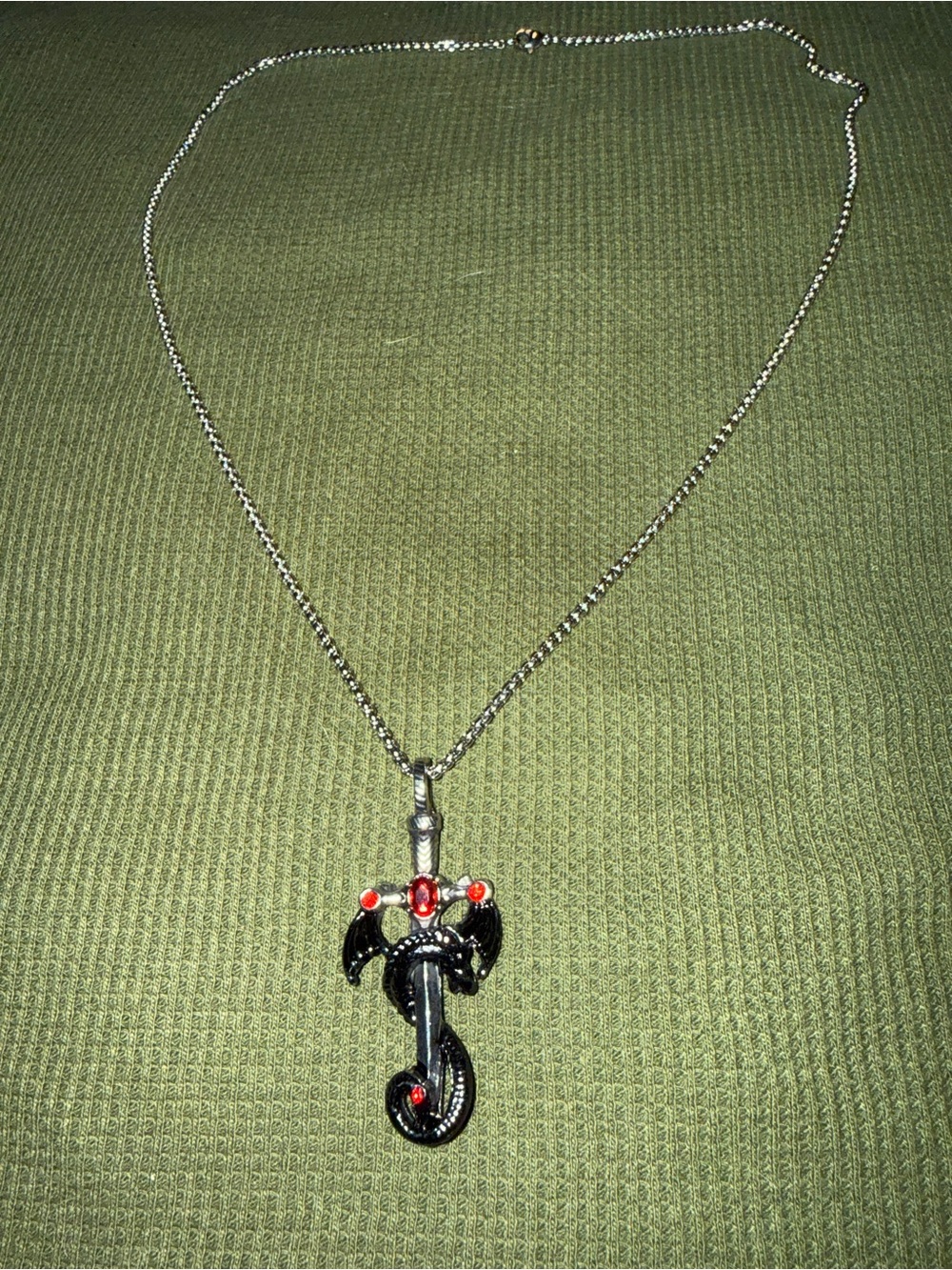 Silver Red Cross & Dragon Pendant Necklace